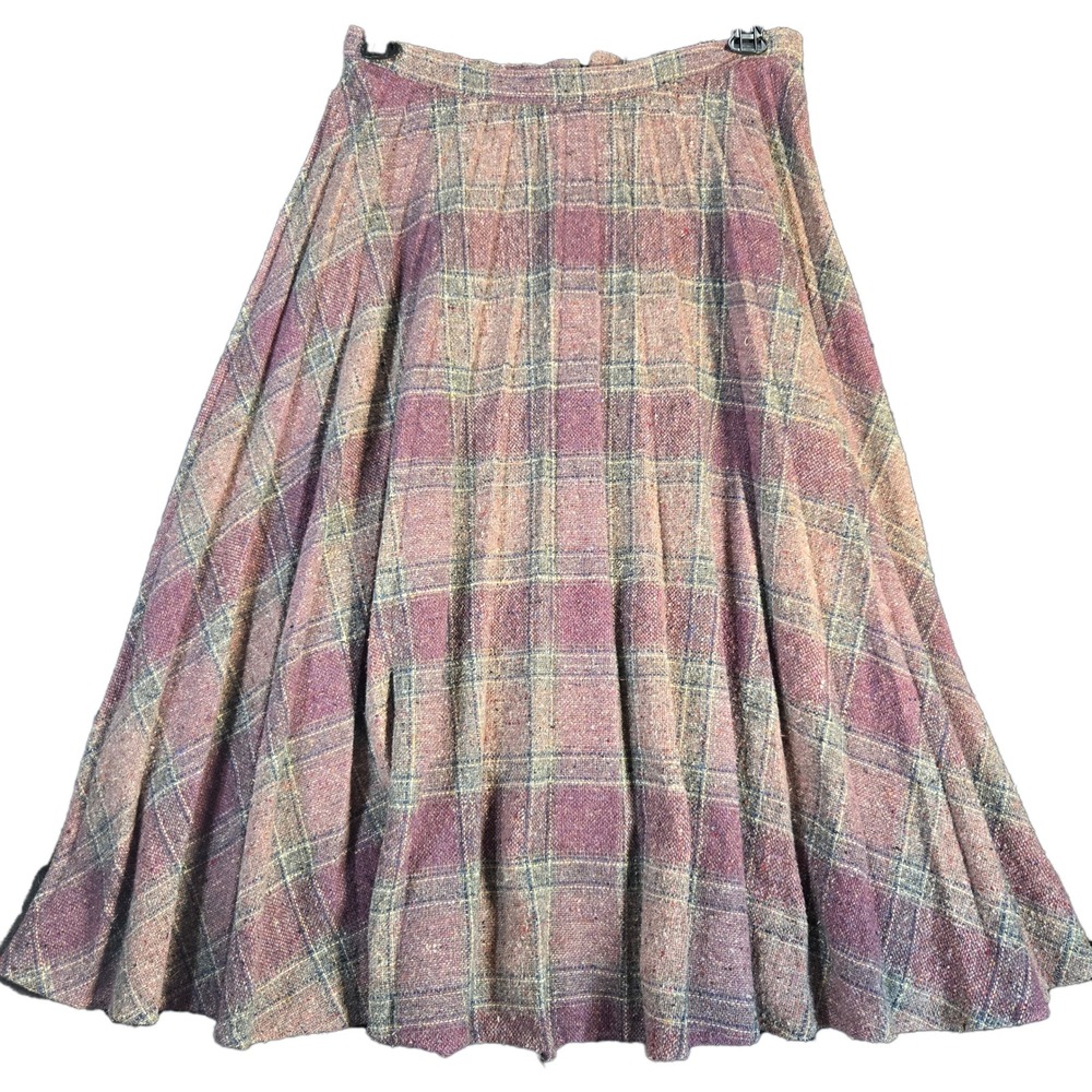 Vintage 70's Plaid Wool Blend Midi Skirt Purple Pink Tweed A-Line Sz 12 Penelope